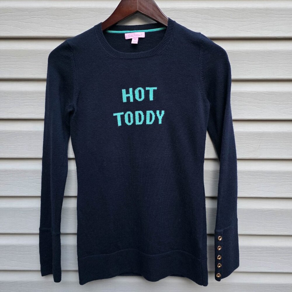 Lilly Pulitzer Hot Toddy Sweater XS Navy Blue Graphic Wool Blend Slim Fit‎